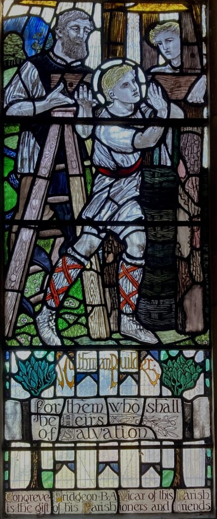 The lower panel of the right-hand light of Whall’s window: Cuthman is depicted as the BUILDER of the first church. A stranger appears and miraculously secures the king post in the structure, saying ‘I am he in whose name you are building this church’, before he disappears from sight.