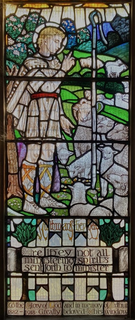 The lower panel of the left-hand light of Whall's window: The boy Cuthman, working as a SHEPHERD in the place of his birth, and performing a miracle with his crook to keep his father's sheep in their place. ‘In the name of our Lord Jesus Christ, O flock, I order you not to pass beyond these boundaries set for you before I return.’
